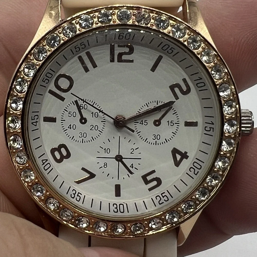 Ladies Trendy Round Rose Gold Tone Bezel‎ White Dial Poly Band Analog Watch J6